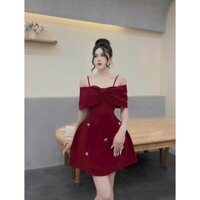 Đầm xòe trễ vai nơ hai dây có mút đính phụ kiện 7739