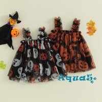 Đầm Xoè tulle Sát Nách Cổ Vuông Hoạ Tiết Bí Ngô halloween Cho Bé