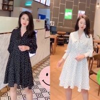 ĐẦM XÒE VÁY XÒE DÀI CHẤM BI NƠ CỔ TAY DÀI ĐẸP 2019 Mã VĐ9