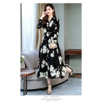 ĐẦM XOÈ VINTAGE HOA LY Chất: lụa mango lót thun Màu: nền đen Kiểu dáng: đầm xoè dài cổ sơ mi, tay dài, cài nút trước, dâ