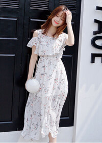 Đầm xòe voan hoa nhí sáng màu, maxi dáng bèo xinh xắn, dễ mặc  MX016 - Trắng - S