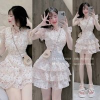 Đầm xốp hoa nút tầng xếp bọc ( có lót quần ) phong cách bánh bèo , tiểu thư