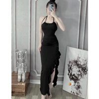 Đầm yếm đeo cổ xẻ đùi bèo dài siêu tôn dáng