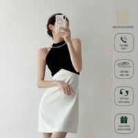 Đầm yếm dự tiệc thiết kế phối màu đen trắng cổ viền ngọc trai form chữ a dáng ngắn