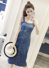 Đầm Yếm Jean Nữ Form Dài Nút Cài Dọc - Xanh Nhạt