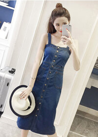 Đầm Yếm Jean Nữ Form Dài Nút Cài Dọc - Xanh Đậm
