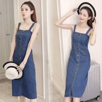 Đầm Yếm Jean Nữ Form Dài Nút Cài Dọc