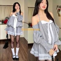 Đầm yếm kẻ sọc tay phồng phối nơ ngực ANIESHOP688 Set váy xoè công chúa mặc đi tiệc đi chơi xinh xắn