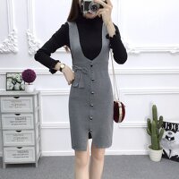 Đầm yếm len ôm body phối mẫu mới DV103 - xám