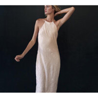 đầm yếm lụa Zara made in Morocco đính cườm Crinkle màu trắng kem