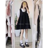 Đầm Yếm Nữ Đen Phối Màu Cộc Tay ,Váy Yếm Nữ Có Cổ Dáng Lỡ Chất Đũi
