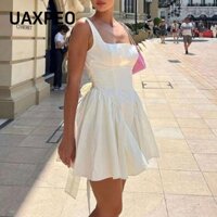 Đầm yếm UAXPEO, Đầm ngắn nơ nơ cổ vuông, Câu lạc bộ váy ngắn màu trơn chắp vá phổ biến