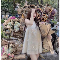 đầm yếm , váy cổ yến hở lưng chất lông đính nơ dáng suông rộng