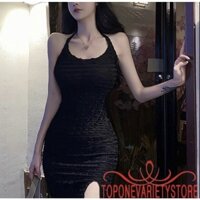 Đầm yếm xốp ôm body hở lưng xẻ tà cực xinh chất xốp