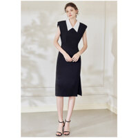 Đần không tay cổ sơ mi trắng màu đen trơn xẻ tà