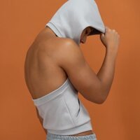 Đang giảm giá Áo khoác không tay màu xám xanh, không lưng, có mũ, áo thể thao ngắn, ôm sát, có khóa kéo, áo khoác cho nam và nữ