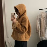 Đang giảm giá Áo khoác lông liền mũ màu Maillard phong cách Hàn Quốc Áo khoác lông cừu dáng Nhỏ Thu Đông 2024 cho nữ