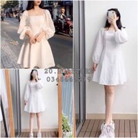 ▥℡(DÁNG NGẮN NEW) VÁY TRẮNG TRỄ VAI TAY DÀI CỔ THUYỀN - ĐẦM CỔ VUÔNG BO CHUN TAY PHỒNG HOT