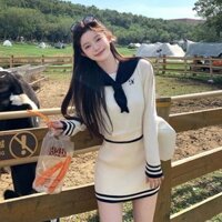 Đảng Pháp Đảng Đảng Thời Trang Bộ Đồ Dệt Kim Nữ Slim-fit Ngắn Ve Áo Len Thủy Thủ Dài Tay + Trượt Tuyết Skinny Cao Cấp