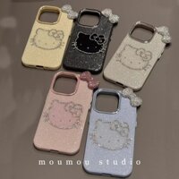 Dành Cho IPhone 14 Pro Max Ốp Lưng IPhone Kim Cương Sang Trọng Hàn Quốc Hello Kitty 3D Nơ Làm Dày Chống Sốc Lấp Lánh Cứng Vỏ Bảo Vệ Camera Cho IPhone 16 15 14 13 Pro Max