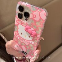 Dành Cho IPhone 14 Pro Max IPhone Ốp Lưng Hàn Quốc Lấp Lánh Hồng Hello Kitty 3D Nơ Làm Dày IMD Vỏ Cứng Bảo Vệ Camera Cho IPhone 16 15 14 13 Pro Max