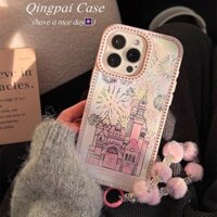 Dành Cho IPhone 14 Pro Max IPhone Ốp Lưng Nhựa Cứng Hàn Quốc Lâu Đài Dreamy Pháo Hoa Dây Đeo Tay Vòng Tay Vỏ Kim Cương Lấp Lánh Viền Cho IPhone 16 15 14 13 Pro Max