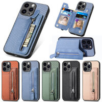 Dành Cho iphone 16 Pro Max 16 Plus 16e 15 Pro Max 15 Plus 14 13 12 Ốp Lưng Ví Dây Kéo Sợi Carbon Vỏ Đựng Thẻ