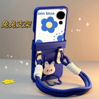 Dành Cho Samsung Galaxy Z Flip 6 5 4 3 / Xiaomi Mix Flip / Honor Magic V Flip Case Dễ Thương Màu Xanh Trắng Thỏ Giá Đỡ Vỏ Dây Đeo Cầm Tay Fundas