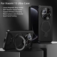 Dành Cho Xiaomi 15 Ultra 15Ultra Ốp Lưng Da Sang Trọng Kim Loại Bảo Vệ Ống Kính Máy Ảnh 360o Vòng Xoay Từ Tính Giá Đỡ PC Vỏ Điện Thoại Cứng