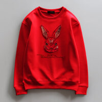 Dạo Phố Áo Nam Họa Tiết Thỏ Mùa Xuân Lông Cừu Đỏ Lót Áo Nam Cao Cấp Thêu Nguyên Chất Cotton Cổ Tròn Áo Dạo Phố ins Dài Tay Thỏ Bé Trai Mồ Hôi