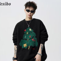 Dạo Phố Mỹ Sáng Tạo Đổ Xô Giáng Sinh Áo Len Nam Mùa Đông Lười Phong Cách Đen Cổ Tròn Áo Len Nam m-2xl