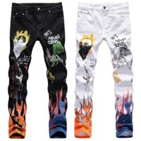 Dạo Phố Nam Phố Slim-fit Jeans 3D In Màu Đen Trắng Quần Đầu Lâu Graffiti Dạo Phố Quần Nam