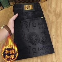 Dạo Phố Quần Áo Nam Cao Cấp Phiên Bản Hàn Quốc Quần Jean In Màu Đen Nam Thu Đông Lót Lông Cừu Dày Slim-fit Quần Co Giãn Tất Cả Trận Đấu Skinny [Re