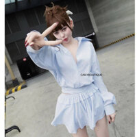 “Daria Set” Set áo sơmi kẻ sọc cổ bẻ dài tay bo chun tôn dáng phối chân váy ngắn xoè bo chun sang chảnh | CAILYBOUTIQUE