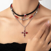 Dark Sweet Cool Hot Girl Chữ Thập Đỏ Trái Tim Tình Yêu Xương Đòn Dây Xích choker Cao Cấp Nhiều Lớp Vòng Cổ Nữ