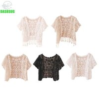 Dasbsug Nữ Thanh Lịch Mở Tua Trước Ren Crop Cardigan Hoa Móc Shrug Áo Khoác