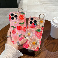 Dâu Anh Đào Tranh Dầu IMD Mềm Ốp Lưng Điện Thoại Ánh Sáng Xanh Dây Đeo Tay Ốp Lưng Điện Thoại iPhone 16 15 14 13 12 11 Pro Plus ProMax