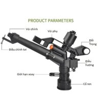 Đầu bec tưới cánh đập xoay 360° MS-9821, Súng phun nước tưới cây 1.5" ren 50, Sprinkler Big Gun