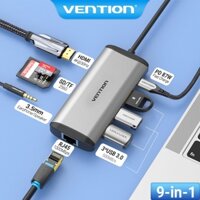 Đầu chuyển đổi Vention 9 trong 1 Type C Hub Usb C sang Hdmi RJ45 USB3.0 3.5mm PD Otg SD TF cho Huawei Matebook