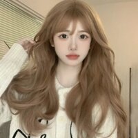 Đầu giả nữ tóc xoăn dài, tóc mái nổi, khuôn mặt tròn tự nhiên, tóc dài dễ thương, sóng lớn, kiểu tóc thực tế, tóc giả đầy đủ