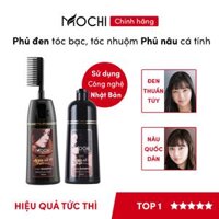 Dầu gội phủ bạc Mochi Nhật Bản Lược chải &amp; vòi nhấn. Dầu gội nhuộm tóc thảo dược ngay tại nhà - Mẫu vòi nhấn 500ml - NÂU