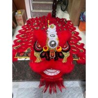 Đầu lân sư rồng lớn, đầu sư tử vải gấm trung thu truyền thống có đèn cỡ đại màu đỏ cho người lớn
