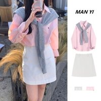 Đầu Thu Vui Sinh Động Giảm Tuổi Phong Cách Đại Học, Áo Sơ Mi Màu Hồng Váy Ngắn Bộ Đồ Hai Chiếc Nữ