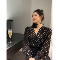 Đầu Xuân 2025 Nữ Cao Cấp Cảm Giác Sang Trọng Độc Đáo Cao Cấp Hàng Châu Âu Thời Trang Nhỏ Đen Chấm Bi Áo Sơ Mi20250224