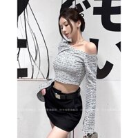Daxingzhe Áo thun dài tay cổ chéo lệch vai dành cho nữ