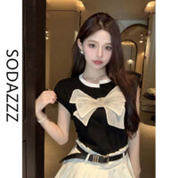 Daxingzhe Bowknot Cotton Nguyên Chất Áo Thun Nữ Tay Ngắn Khâu Mỏng-