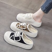 Daxingzhe Da Báo In Giày Vải Nữ Baotou Nửa Dép Nữ Bên Ngoài Mặc Gót Giày Thể Thao Thông Thường