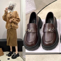 DAXINGZHE Giày Da Đế dày độn cao màu đen Giày loafer mũi tròn Giày da nhỏ nữ