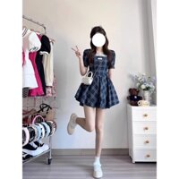 Daxingzhe Preppy Cổ Vuông Kiểm Tra Đầm Nữ Mori Tình Yêu Đầu Tiên Váy Hẹp Eo Ôm Hơn Nhìn Váy Ngắn