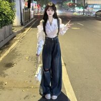 Daxingzhe Rách Denim Quần yếm Nữ dáng rộng thon gọn hơn Quần ống rộng